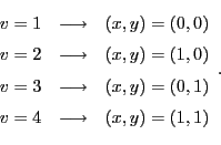 \begin{displaymath}\begin{array}{lcl}
v = 1 & \longrightarrow & (x,y) = (0,0) \\...
... (0,1) \\
v = 4 & \longrightarrow & (x,y) = (1,1)
\end{array}.\end{displaymath}