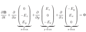 $\displaystyle \frac{\partial\mathbf{B}}{\partial t} +
\frac{\partial}{\partial ...
...e{
\begin{pmatrix}
-E_y \\
E_x \\
0
\end{pmatrix}}_\text{z-flux}
= \mathbf{0}$